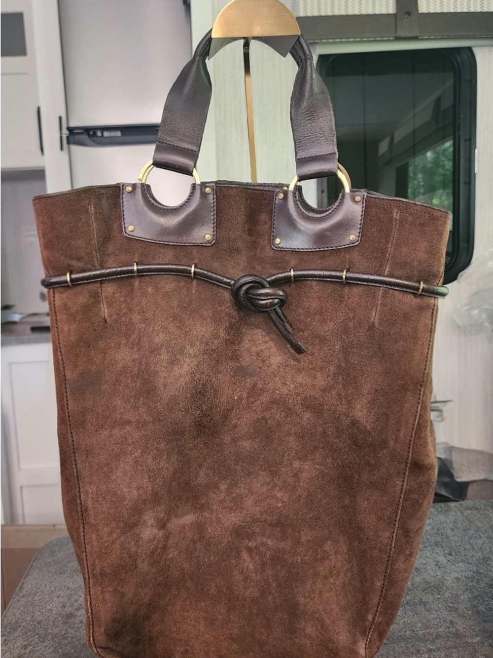 Gucci Rare Brown Suede Messenger Tote with Knot Accent and Dark Leather Handles